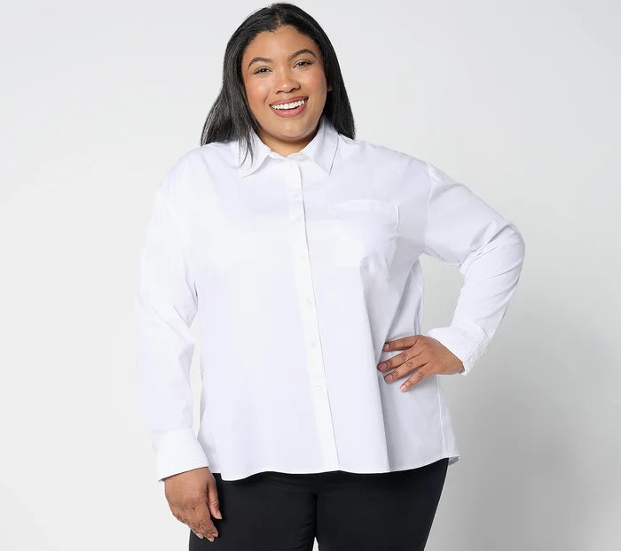 Women with Control Petite Woven Button Front Shirt with Pleated Cuffs